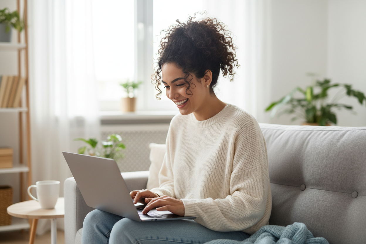 una mujer morena de cabello rizado recogido en una cola alta comprando muy feliz a través de internet. El ambiente es claro, con mucha luz y tranquilo